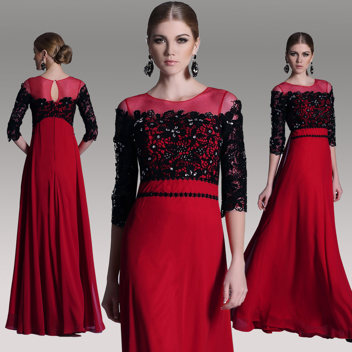 Half Sleeves Jewel Tulle Black Lace Dresses